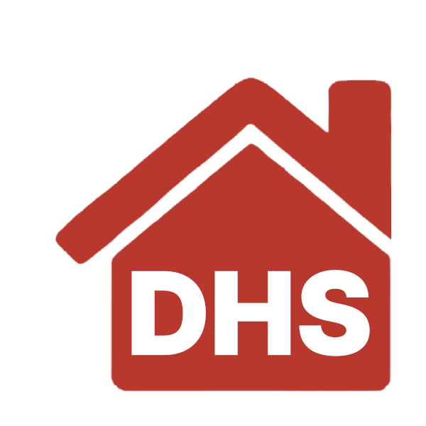 DHS house-roofline glyph with the DHS wordmark, on a transparent background, for use over photography or dark surfaces