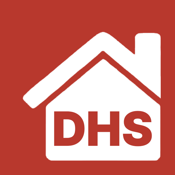 DHS house-roofline glyph with the DHS wordmark knocked into its body, on a red field