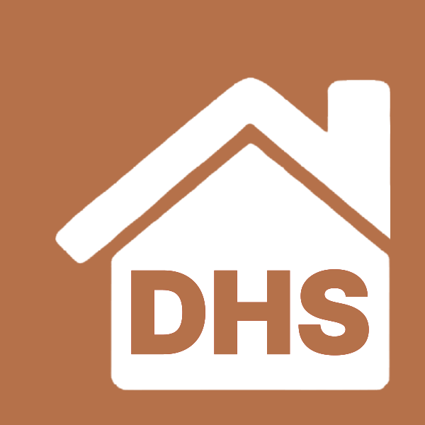 DHS house-roofline glyph with the DHS wordmark, on a copper field