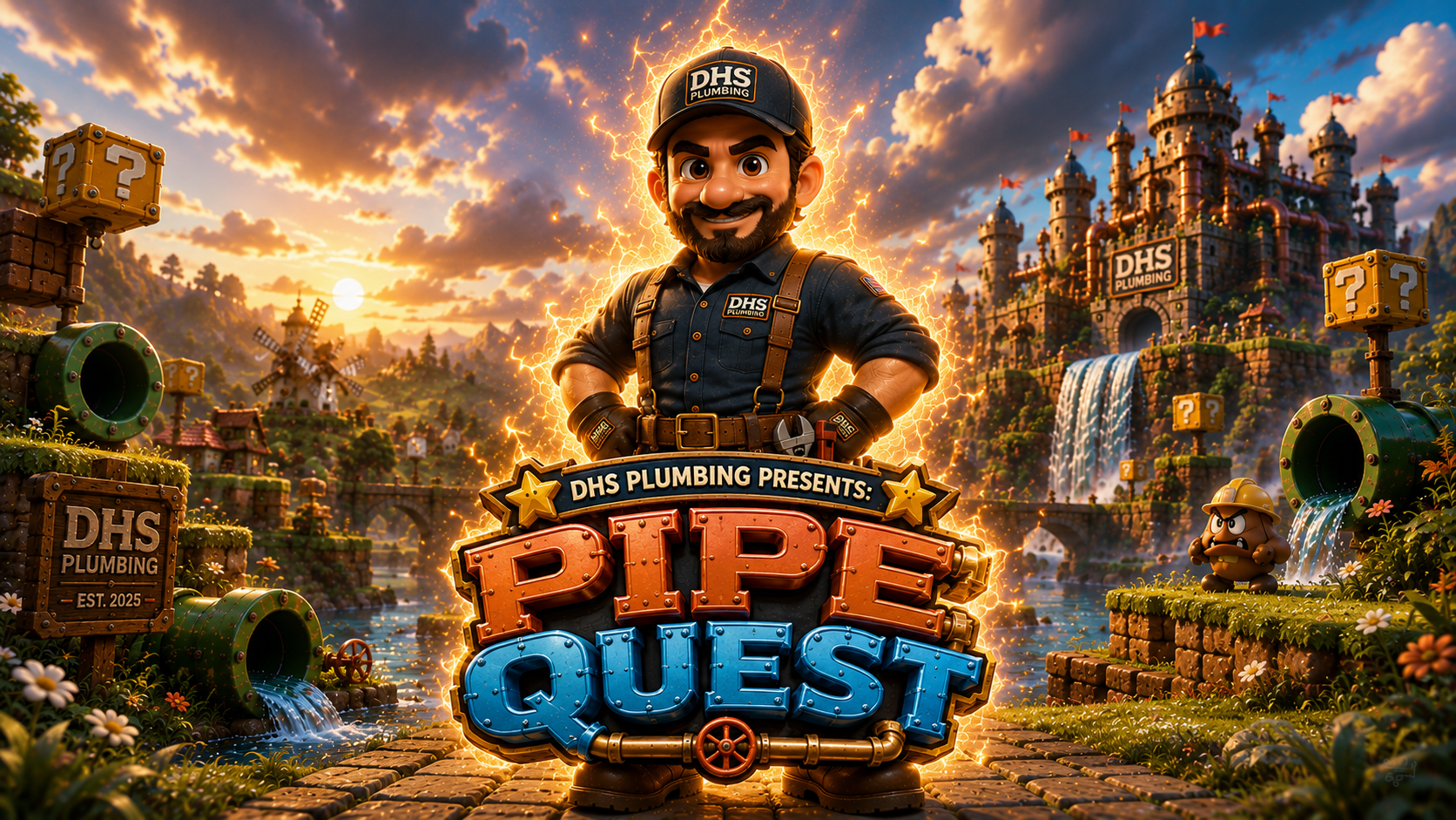 The Pipe Quest title card at sunset, mascot standing before the castle level as the sun sets behind the hills