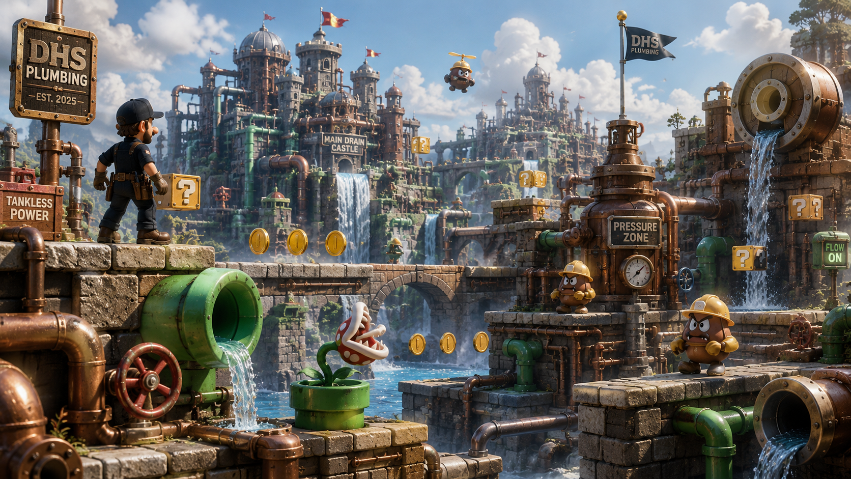 A wide view of the Main Drain Castle level, with the DHS Plumbing mascot standing atop a platform beside waterfalls, coin trails, and hard-hatted Goomba helpers