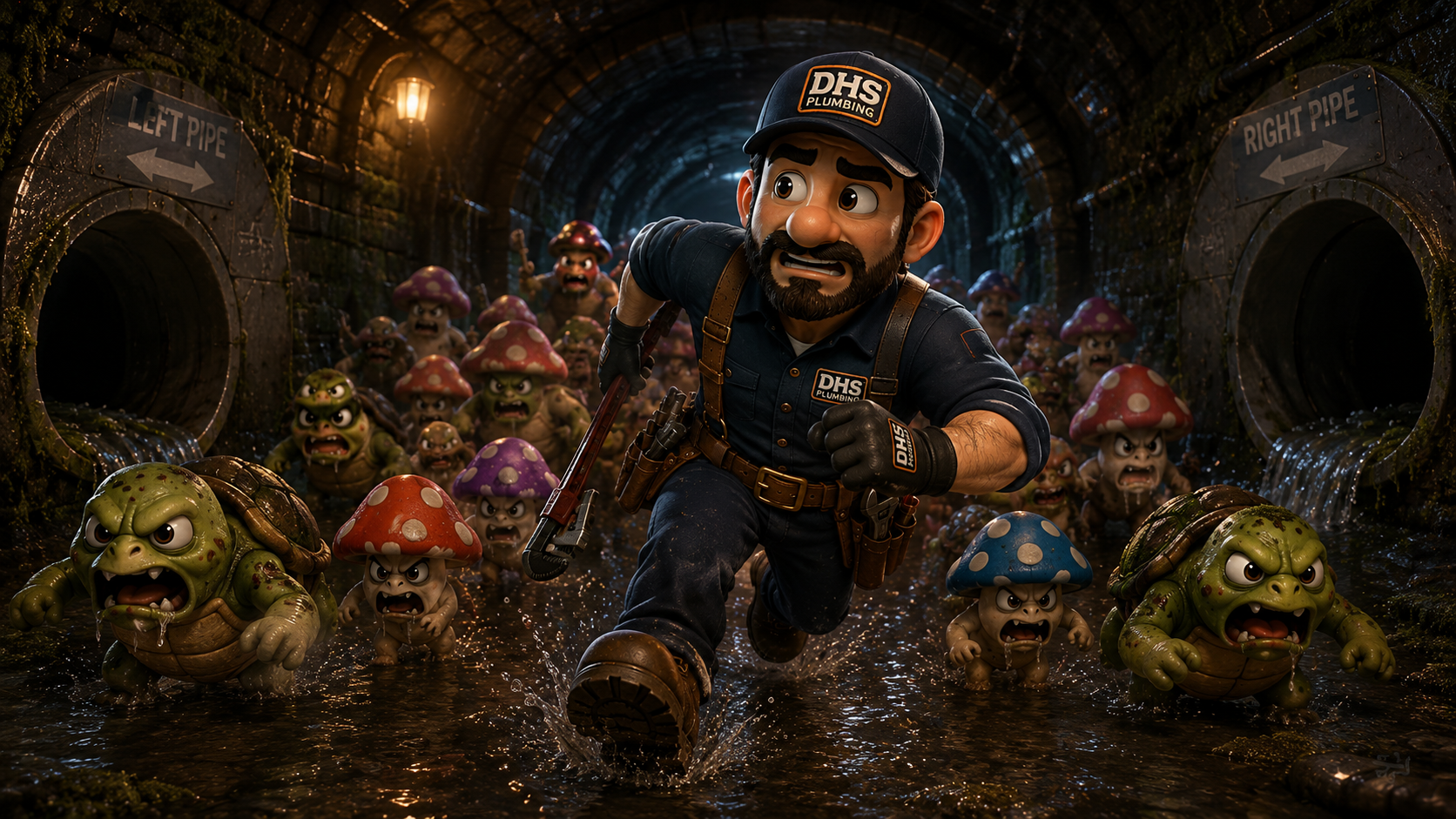 The DHS Plumbing mascot sprinting through a flooded tunnel chased by a horde of mushroom and turtle creatures, past 'Left Pipe' and 'Right Pipe' signs