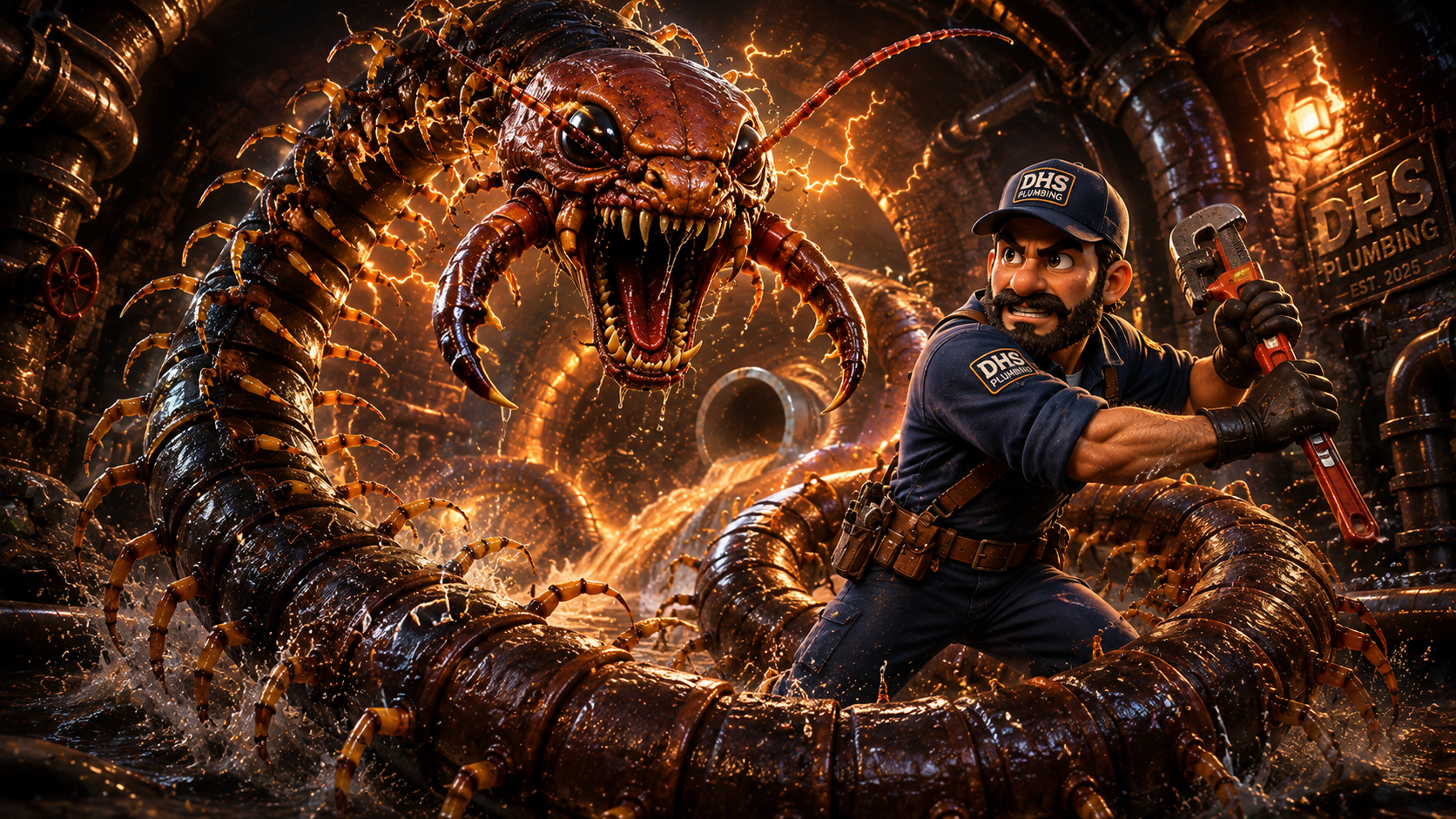A monstrous fire-lit centipede creature rearing up to attack the DHS Plumbing mascot, wrench raised, in a dark cavern tunnel