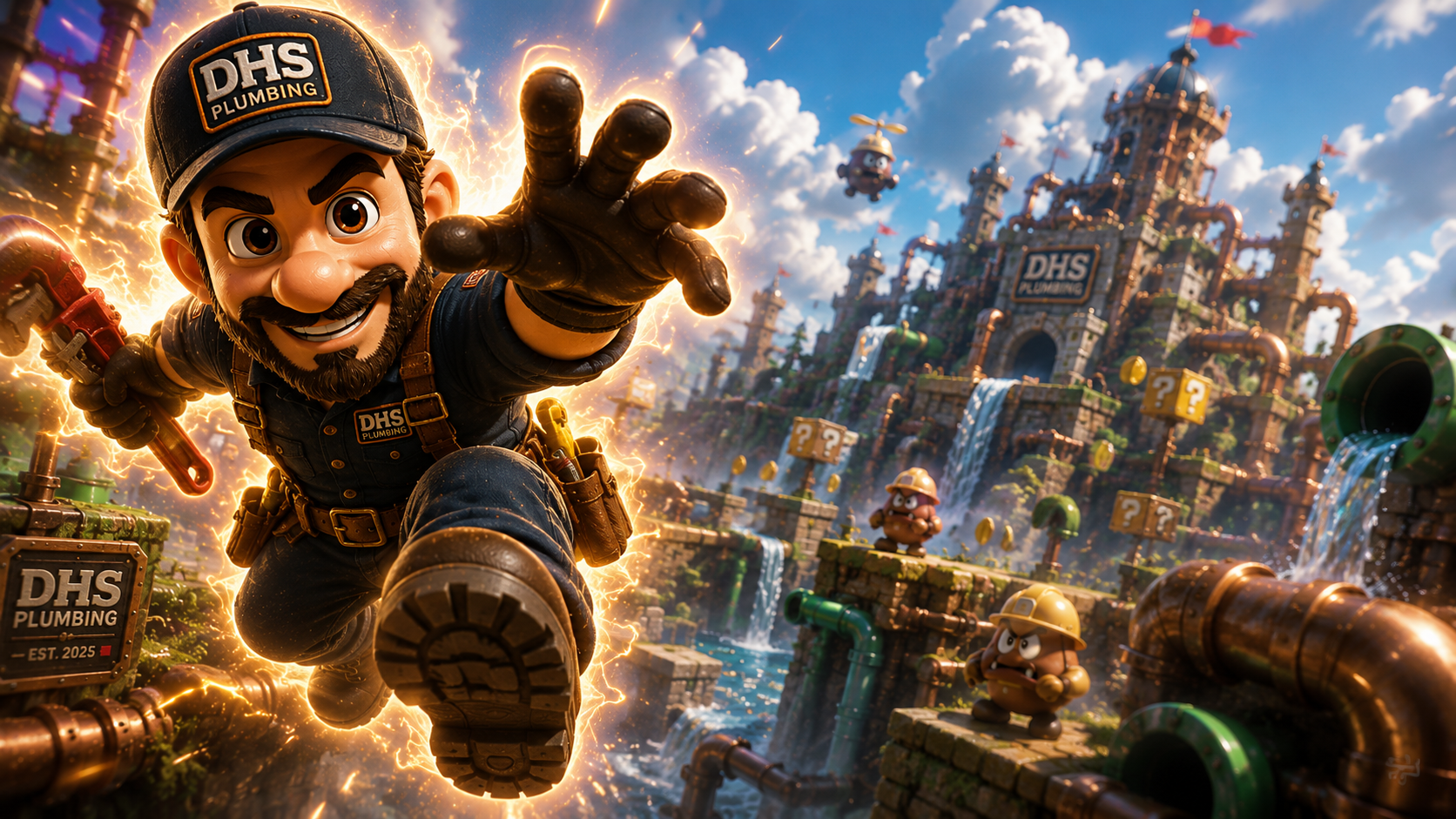 The DHS Plumbing mascot reaching toward the camera in a burst of golden energy, with the castle level and Goomba helpers glowing behind him