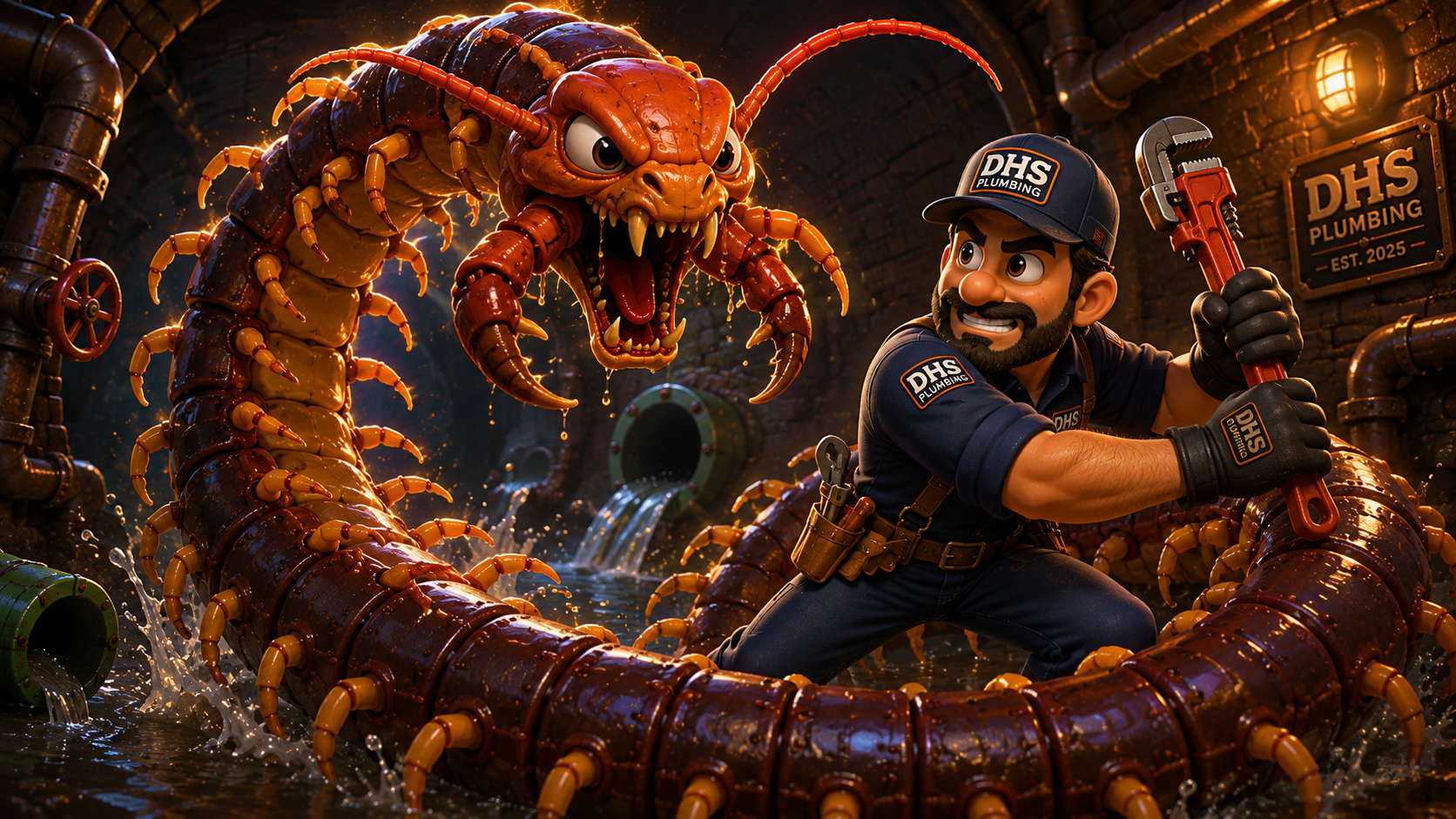The DHS Plumbing mascot squaring off against the fire-lit centipede boss from a low angle in the tunnel depths