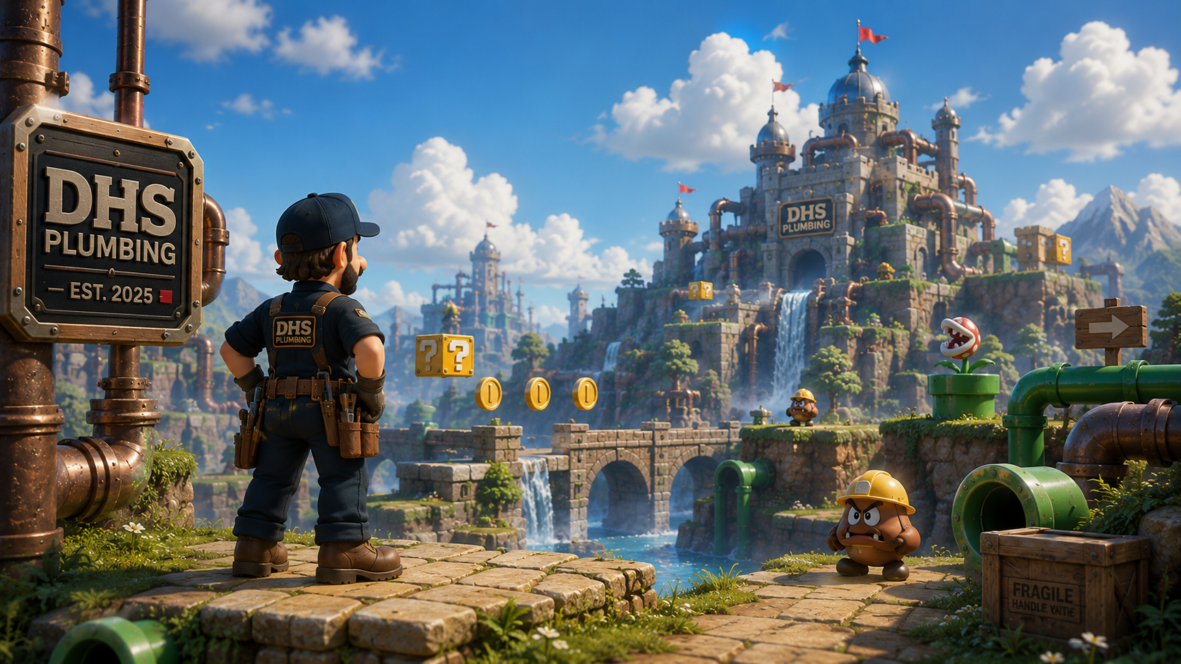 Flux Finn looking out over the Pipe Quest castle level from a stone path, with a hard-hatted helper character nearby