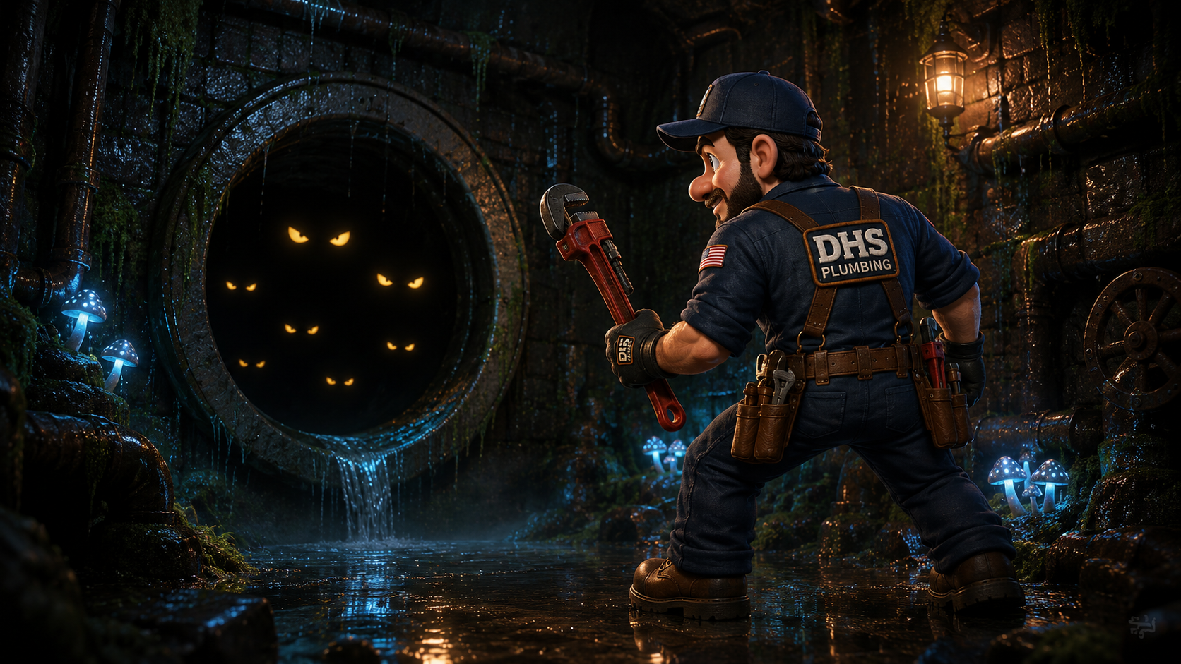 The DHS Plumbing mascot facing a dark tunnel entrance where glowing eyes watch from the shadows, wrench raised and ready
