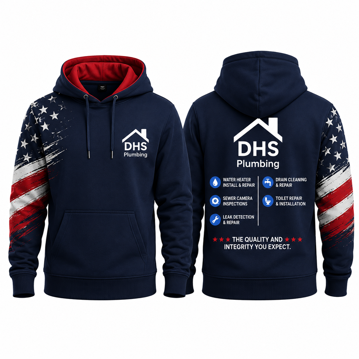 Navy pullover hoodie with a distressed American flag panel on the left sleeve, front and back. Front shows the house-shaped logo mark and DHS Plumbing wordmark over the left chest. Back shows the house-shaped logo mark, DHS Plumbing wordmark, a six-item service list, and the line The Quality and Integrity You Expect.