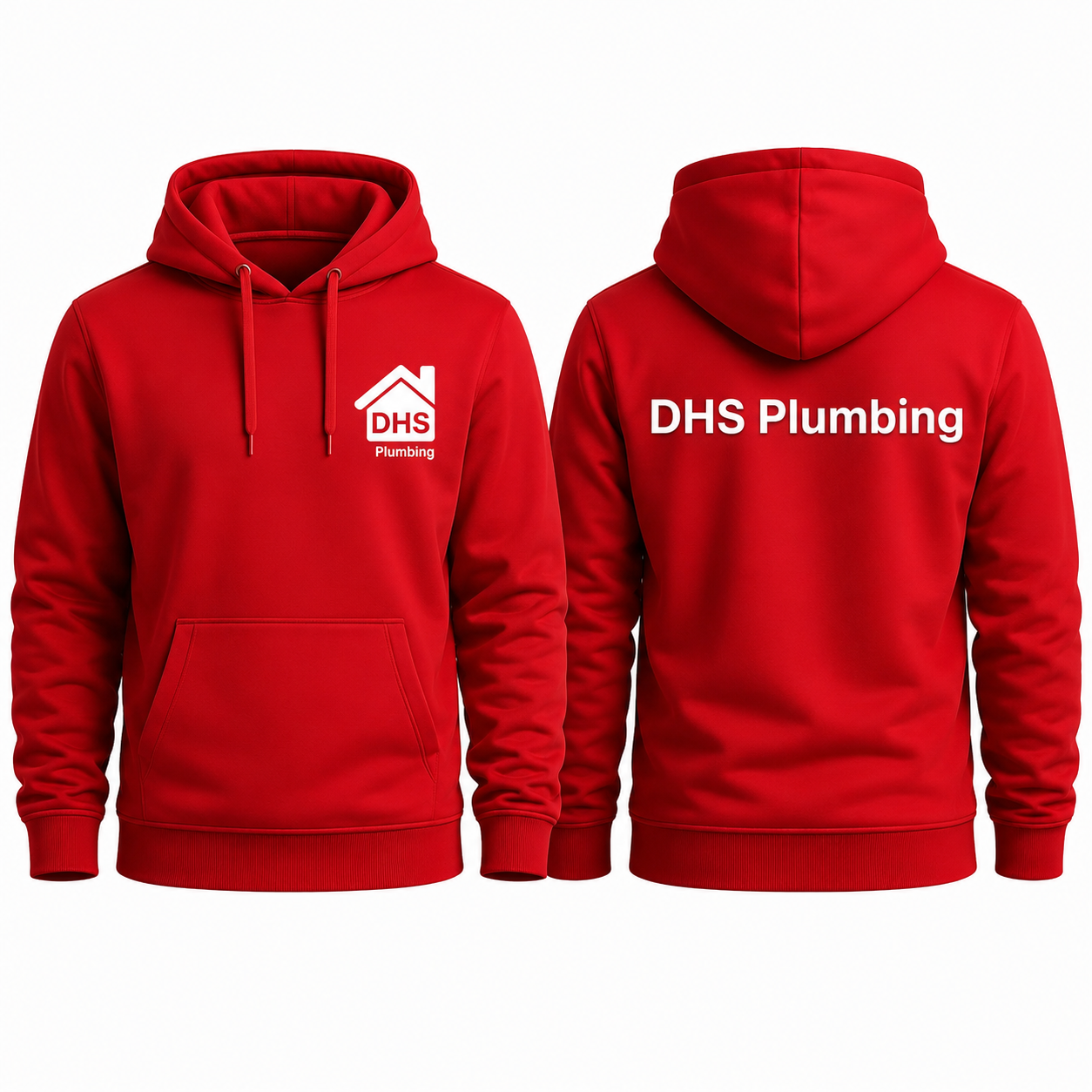 Red pullover hoodie, front and back. Front shows the house-shaped logo mark and DHS Plumbing wordmark over the left chest. Back shows the DHS Plumbing wordmark across the shoulders.