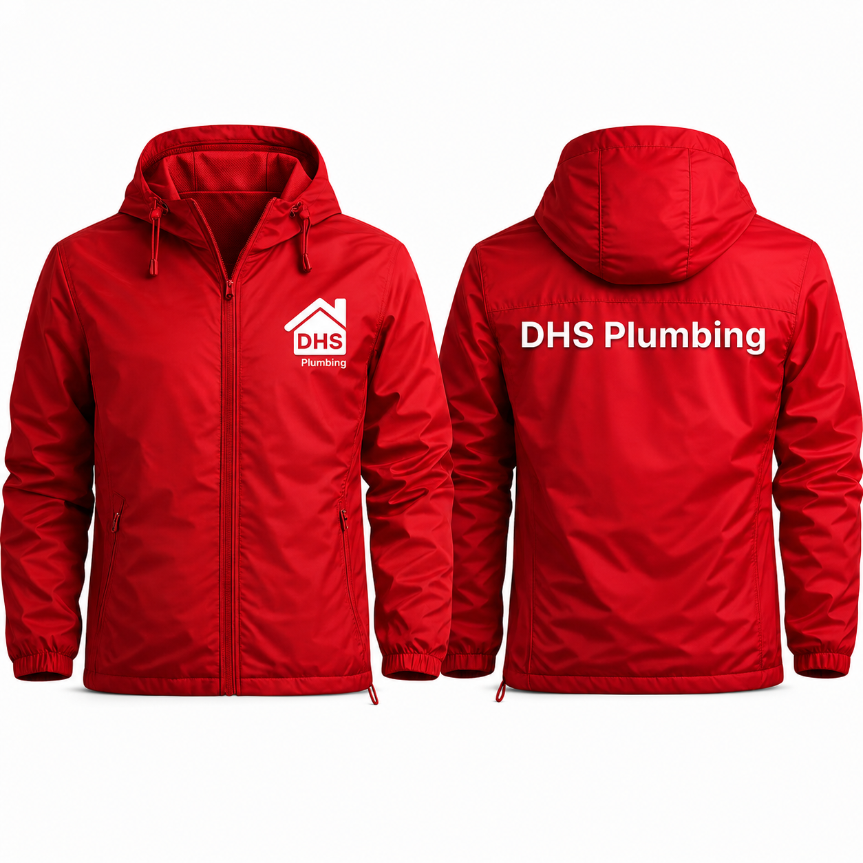 Red zip-up hooded jacket, front and back. Front shows the house-shaped logo mark and DHS Plumbing wordmark over the left chest. Back shows the DHS Plumbing wordmark large across the shoulders.