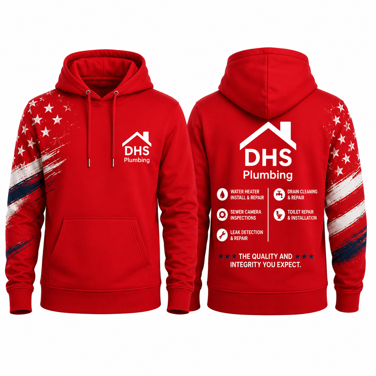 Red pullover hoodie with a distressed American flag panel on the left sleeve, front and back. Front shows the house-shaped logo mark and DHS Plumbing wordmark over the left chest. Back shows the house-shaped logo mark, DHS Plumbing wordmark, a six-item service list, and the line The Quality and Integrity You Expect.