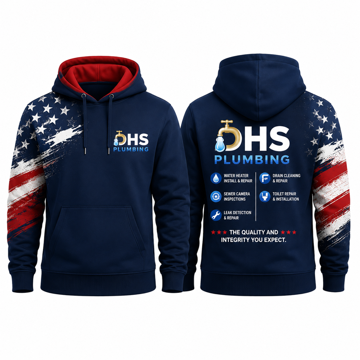 Navy pullover hoodie with a red-lined hood and a distressed American flag panel on the left sleeve, front and back. Front shows a gold faucet-with-water-drop logo mark and DHS Plumbing wordmark over the left chest. Back shows the same faucet-drop logo mark, DHS Plumbing wordmark, a six-item service list, and the line The Quality and Integrity You Expect.
