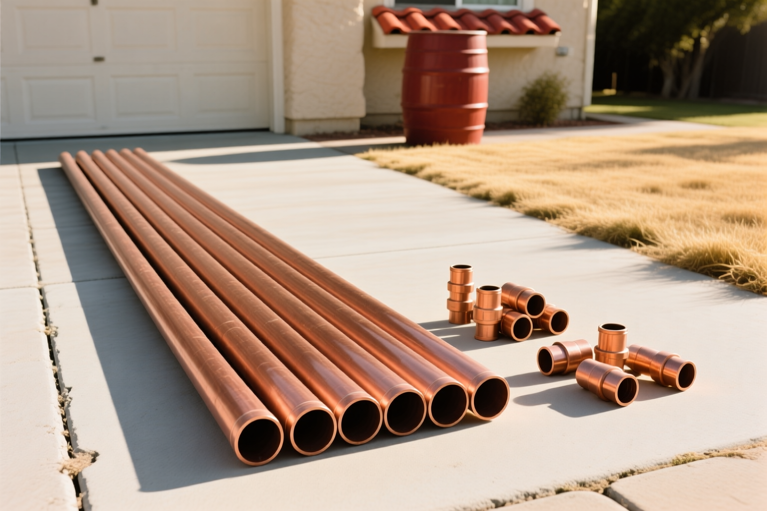 Copper and CPVC pipe sections staged before a tankless installation