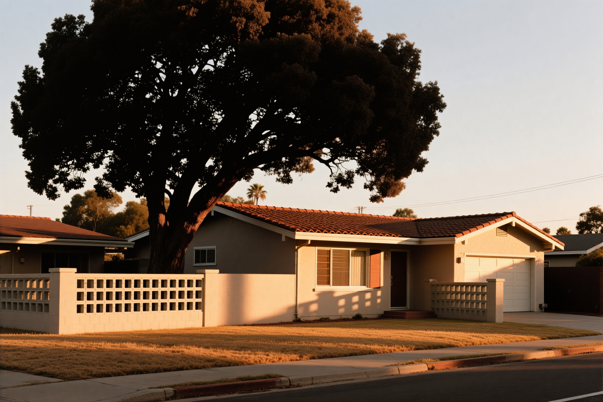 A single-story 1960s ranch home in Fair Oaks with a low tile roof, mature shade trees, and a breeze-block privacy wall in late-afternoon light