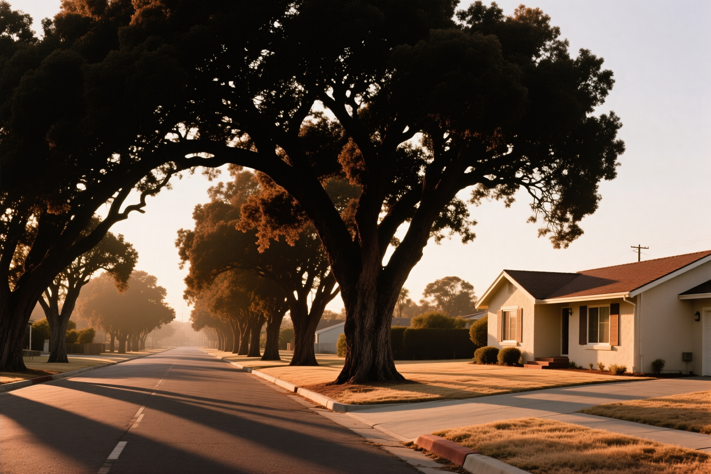 A single-story ranch home in Orangevale with mature oak trees along Hazel Avenue in late-afternoon light