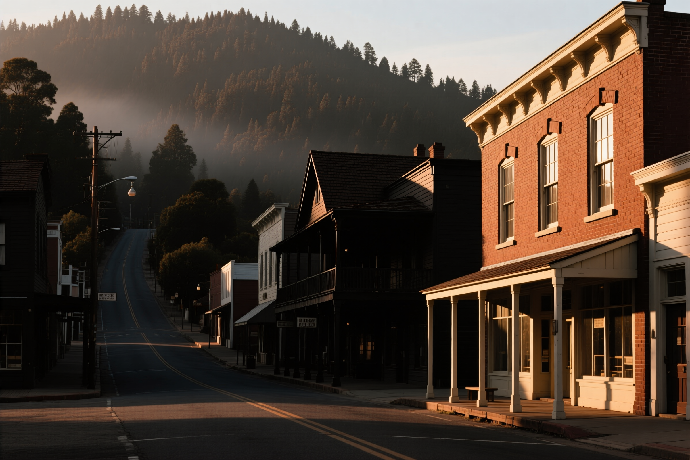 A historic building on Main Street in Placerville with hillside terrain behind it