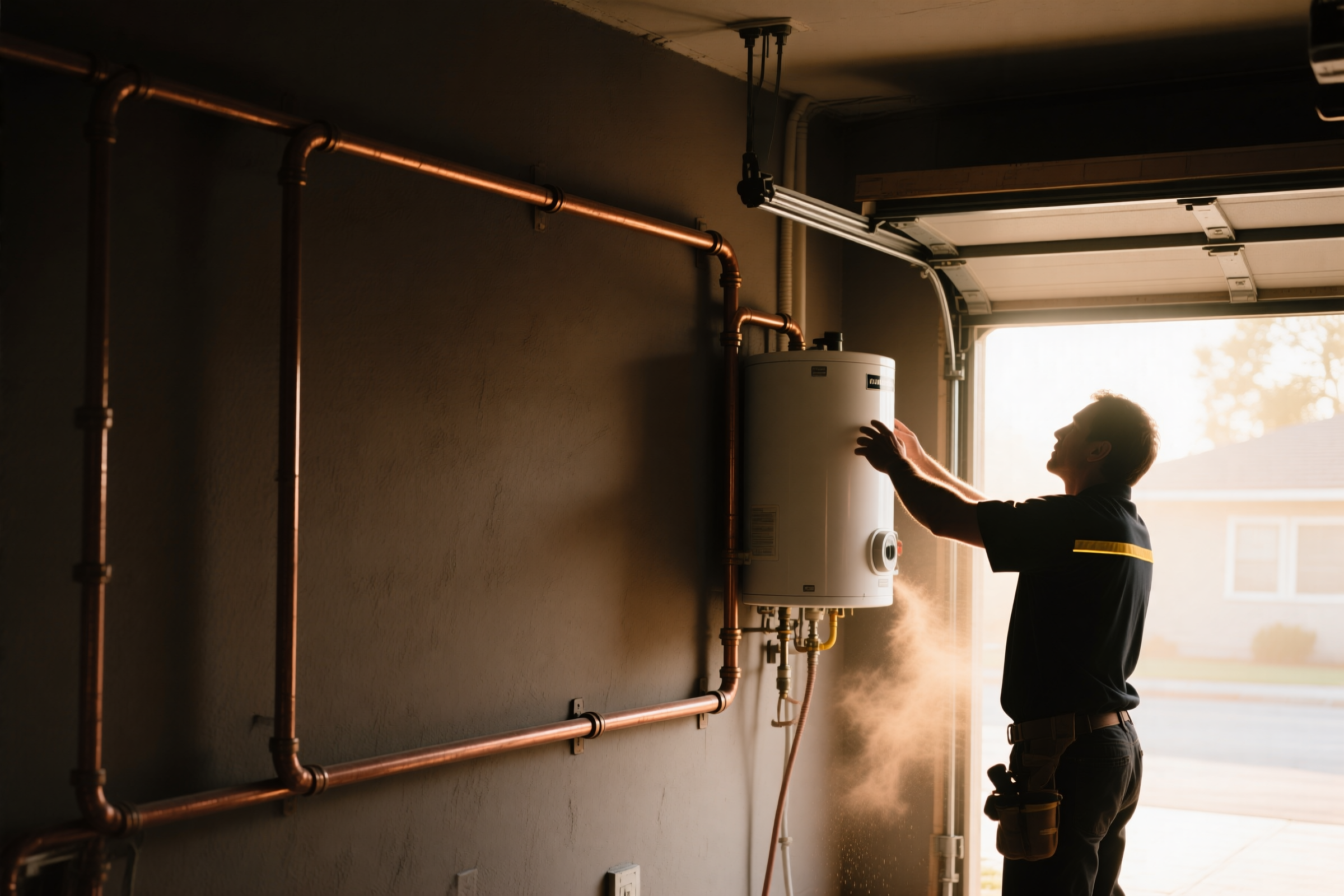 A DHS technician mounting a tankless water heater on a garage wall