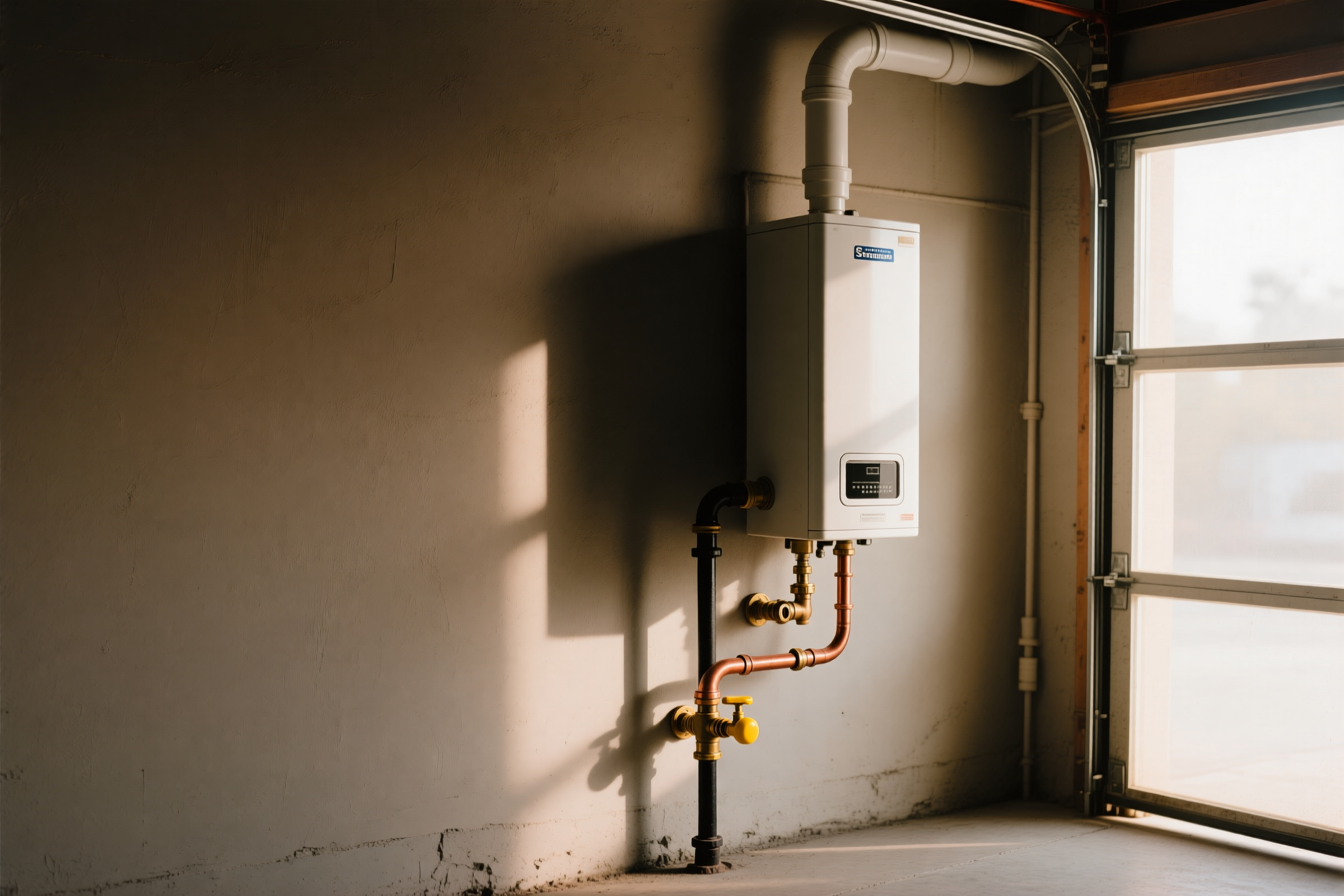 A wall-mounted tankless water heater with its supply lines run clean