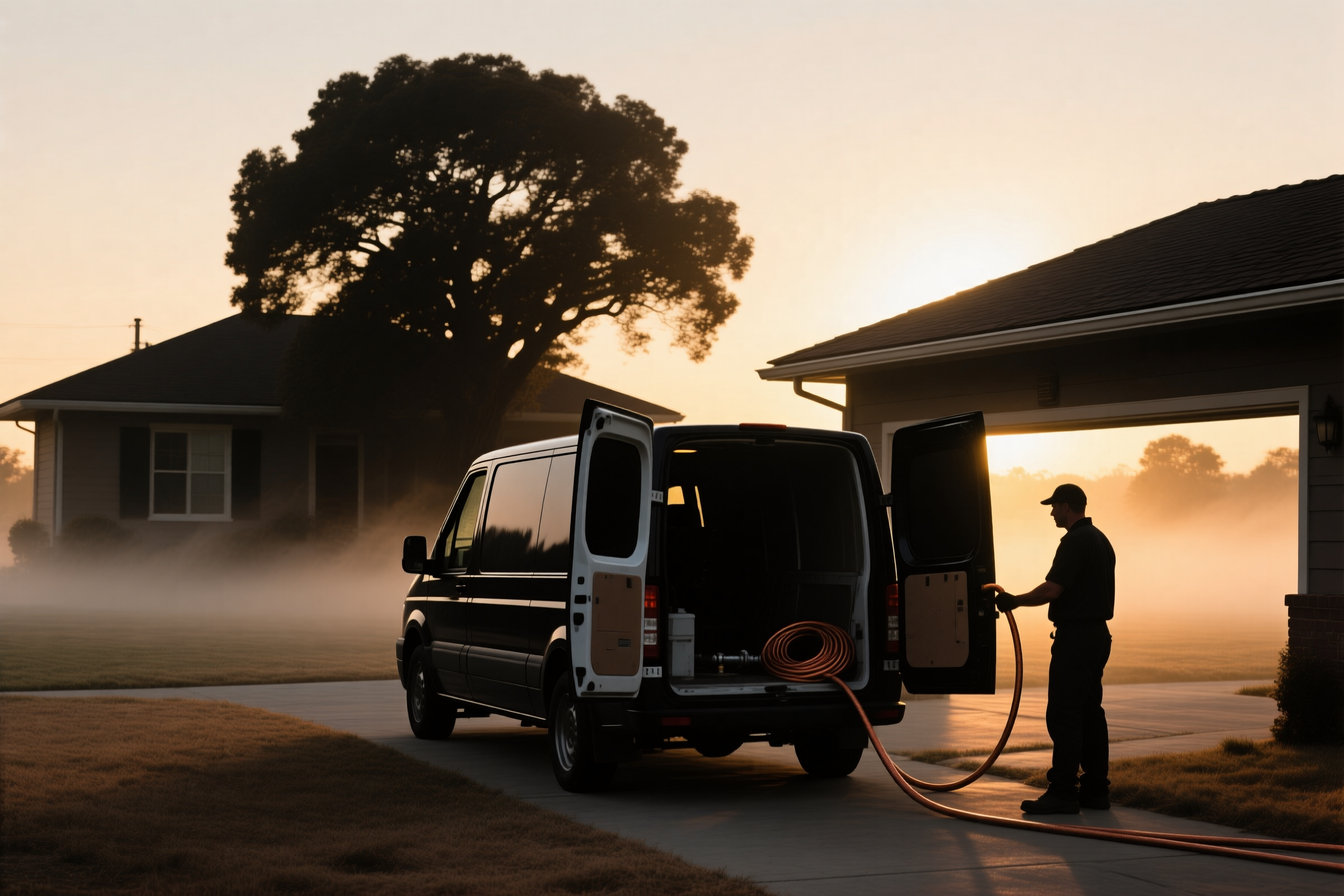 A DHS plumber loading copper tubing into the service van at first light, silhouetted against the dawn sky