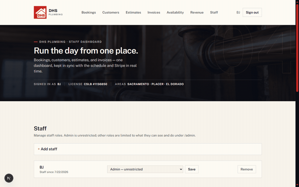 Animated walkthrough of three DHS Plumbing general admin pages: staff role management, the availability page with weekly hours and date overrides, and the revenue dashboard with its four totals, repeat customers table, and sales log.