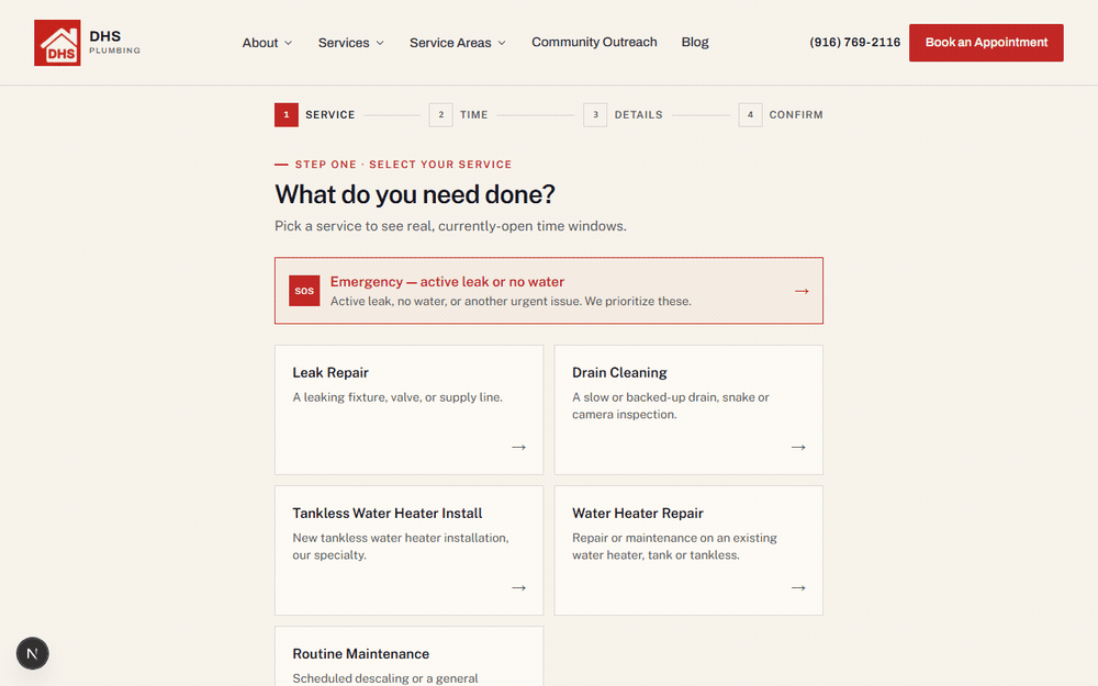 Animated walkthrough of the DHS Plumbing booking wizard: service selection, calendar, time windows, details form, review screen, and confirmation page.
